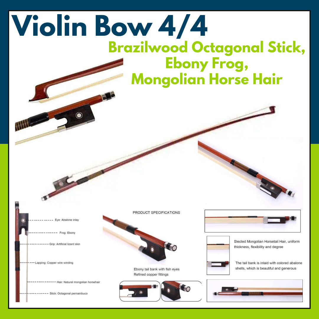 Violin Bow 4/4 Brazilwood Bow for Violin Octagonal Stick Ebony Frog with Mongolian Horse Hair(4/4)
